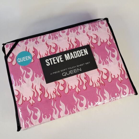 Hot Pink Fire Flames Print 4pc Queen Sheets Set White Red Harley Girl Biker Chic - Picture 1 of 11